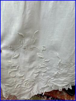 Antique Edwardian White Cotton Slip Dress Fitted Floral Embroidered Lace AS IS