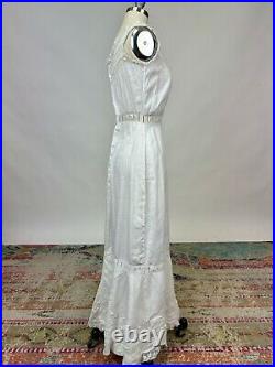 Antique Edwardian White Cotton Slip Dress Fitted Floral Embroidered Lace AS IS