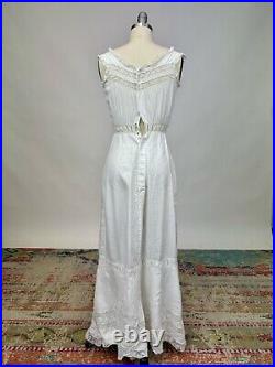 Antique Edwardian White Cotton Slip Dress Fitted Floral Embroidered Lace AS IS