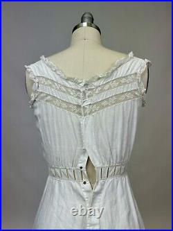 Antique Edwardian White Cotton Slip Dress Fitted Floral Embroidered Lace AS IS