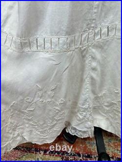 Antique Edwardian White Cotton Slip Dress Fitted Floral Embroidered Lace AS IS