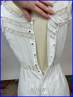 Antique Edwardian White Cotton Slip Dress Fitted Floral Embroidered Lace AS IS