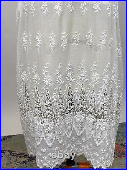 Antique Edwardian White Cotton Slip Dress Floral Embroidered Skirt AS IS