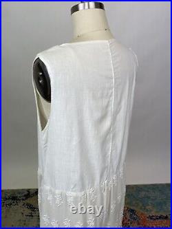 Antique Edwardian White Cotton Slip Dress Floral Embroidered Skirt AS IS