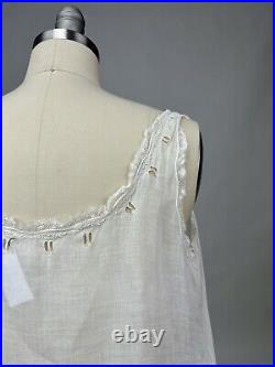 Antique Edwardian White Cotton Slip Dress Floral Embroidery Lace Trim AS IS