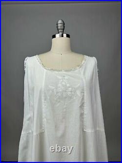 Antique Edwardian White Cotton Slip Dress Night Gown Floral Embroidered AS IS