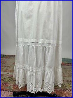 Antique Edwardian White Cotton Slip Dress Night Gown Floral Embroidered AS IS