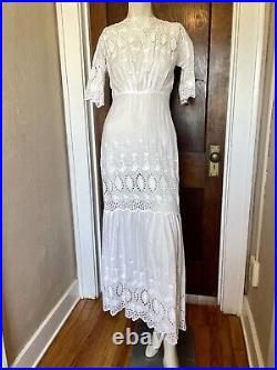 Antique Edwardian White Cotton with Eyelet Long Dress Lovely Details