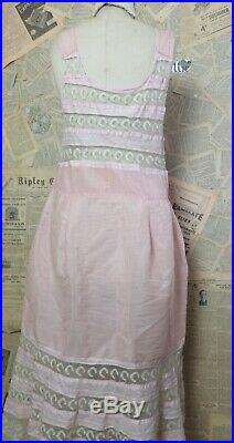Antique Edwardian dress slip, pink cotton and lace petticoat