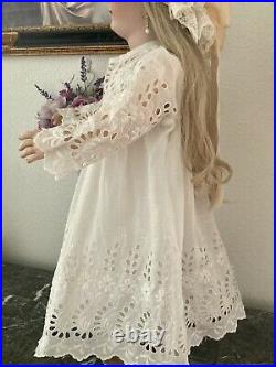 Antique Embroidered Fancy White Work Dress/Slip for 32 + Jumeau Bru German Doll