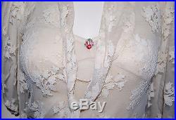 Antique French Lace Cream Wedding Gown Dress 40's 2 Piece Slip Split Sleeve M