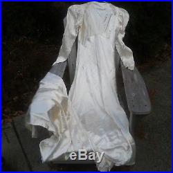 Antique Ivory Satin Wedding Dress and Slip 1930's Vintage Gown