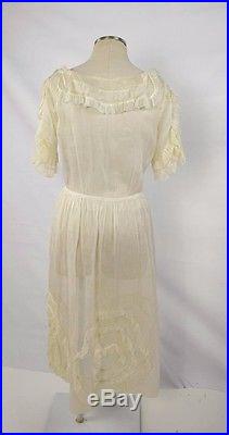 Antique Ivory White Sheer Flowy Ruffle Collar Petticoat Slip A Line Midi Dress M