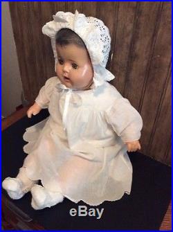 Antique Old 24 Composition doll baby withTeeth Vtg Handmade Dress & Slip Bonnet
