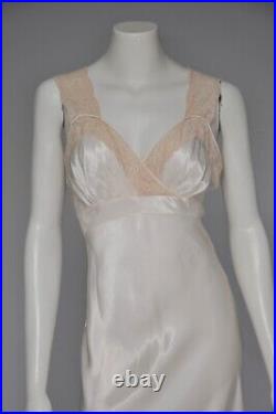 Antique VTG 1930s 30s Blush Satin Bias Cut Nightgown Slip Dress Lace Detail XS/S