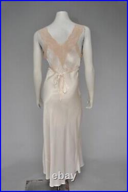 Antique VTG 1930s 30s Blush Satin Bias Cut Nightgown Slip Dress Lace Detail XS/S