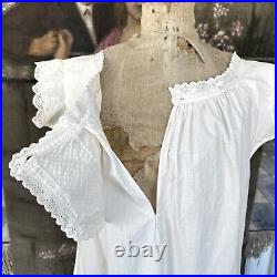 Antique Victorian 1860s White Cotton Eyelet Lace Night Gown Slip Dress Lingerie