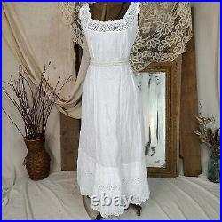 Antique Victorian Edwardian White Cotton Dress Maxi Slip Chemise Petticoat Lace