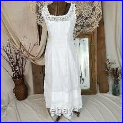 Antique Victorian Edwardian White Cotton Dress Maxi Slip Chemise Petticoat Lace