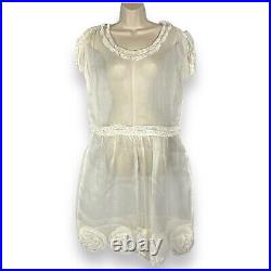 Antique Victorian Sheer Silk Organza Slip Dress Chemise Lace Trim White Size M