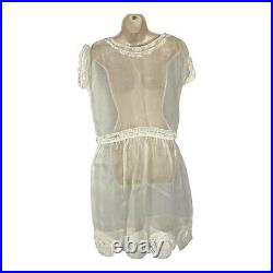Antique Victorian Sheer Silk Organza Slip Dress Chemise Lace Trim White Size M