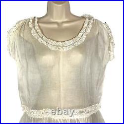 Antique Victorian Sheer Silk Organza Slip Dress Chemise Lace Trim White Size M