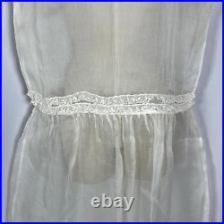 Antique Victorian Sheer Silk Organza Slip Dress Chemise Lace Trim White Size M