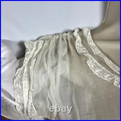 Antique Victorian Sheer Silk Organza Slip Dress Chemise Lace Trim White Size M