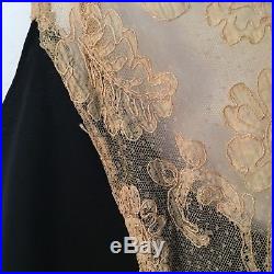 Antique Vintage 1910s 1920s Silk Velvet Long Dress Matching Silk Slip Lace