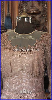 Antique Vintage 30s ECRU & pink Lace Beaded bodice, belt, tafetta Dress + SLIP M