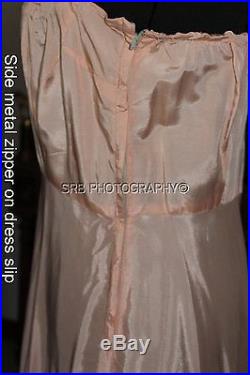 Antique Vintage 30s ECRU & pink Lace Beaded bodice, belt, tafetta Dress + SLIP M