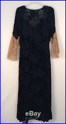 Antique Vtg 1910s 1920s Silk Velvet Devore Lace Long Dress Matching Silk Slip