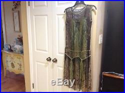 Antique Vtg 1920s Flapper Sheer Black Gold Metallic Floral Lace Dress Slip