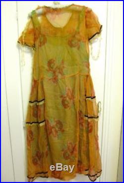 Antique Vtg 20s 30s Floral Silk Chiffon Sheer Lace Tier Flapper DRESS Slip As Is
