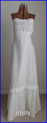 Antique White Cotton Bias Cut Strapless Slip Dress Eyelet Lace Flounce Petticoat