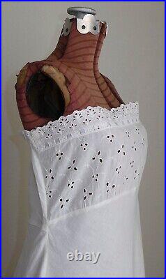 Antique White Cotton Bias Cut Strapless Slip Dress Eyelet Lace Flounce Petticoat