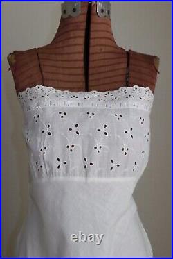 Antique White Cotton Bias Cut Strapless Slip Dress Eyelet Lace Flounce Petticoat