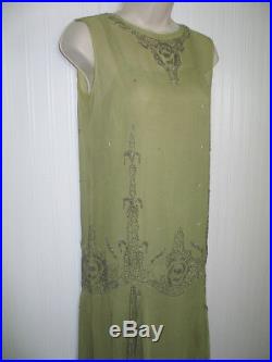 Antique c1923 Silk Chiffon Dress & Slip Silk Chiffon MERCURY Glass BEAD FRENCH