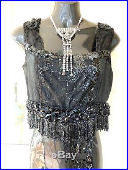 Authentic Edwardian 1920s Black Net Beaded Flapper TABARD Over Dress and slip