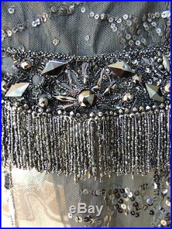 Authentic Edwardian 1920s Black Net Beaded Flapper TABARD Over Dress and slip