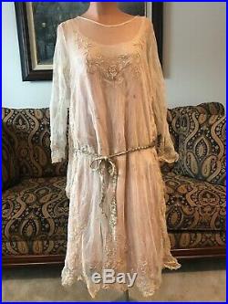 Authentic Edwardian Cream Lace Lawn Dress with Pink Slip and Attached Cape
