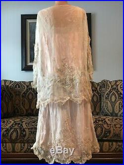 Authentic Edwardian Cream Lace Lawn Dress with Pink Slip and Attached Cape