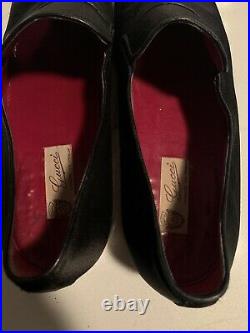 Authentic Gucci Vintage Loafers Slip On Black Satin Logo Strap Size 43.5 US 10
