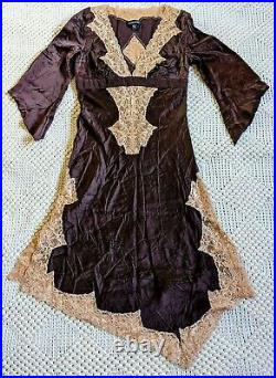 BEBE 100% silk brown lace panels vintage 70's pixie fairy victorian goth dress