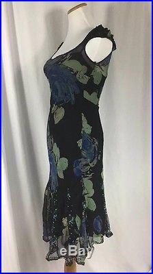 BETSEY JOHNSON VINTAGE Sz. 6 100% Silk & Lace Blue Roses Lingerie Slip Dress