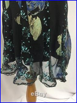 BETSEY JOHNSON VINTAGE Sz. 6 100% Silk & Lace Blue Roses Lingerie Slip Dress