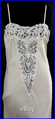 Beautiful Antique 1930s Bias Silk Lingerie Dress Slip W Hand Made Brussels Lace