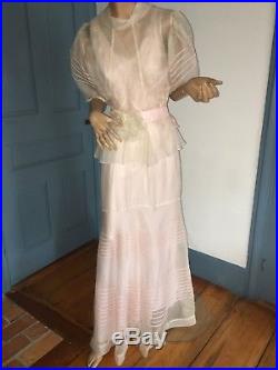 Beautiful C1930 Pale Pink Organdy Swing Dress w Matching Short Jacket + Slip