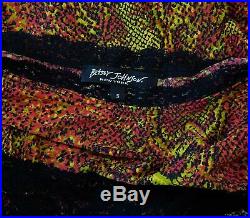 Betsey Johnson 90's Vtg Neon Black Snake Print Lace Trim Stretch Slip Dress S