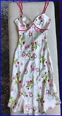 Betsey Johnson 90s Vintage Cherry Fruit Print Bias Cut Silk Slip Dress Sz 2 XS